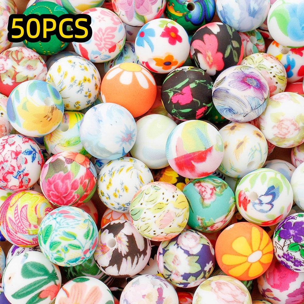 30/50pcs 15mm Floral Animal Print Silicone Beads