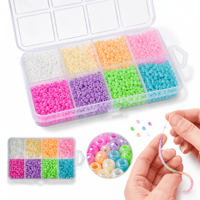 1 Box 8-Grid Multicolor Pearlescent Glass Rice Bead Set