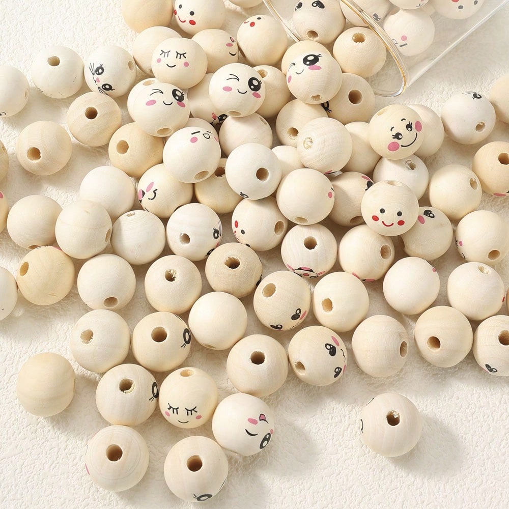10/30/50pcs 20mm Wooden Smile Face Beads