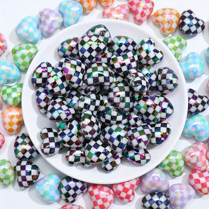 10pcs/set Multicolor Shiny Acrylic Checkerboard Heart Beads