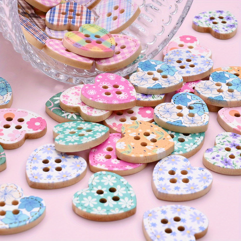Heart Shape Wooden Printed Buttons