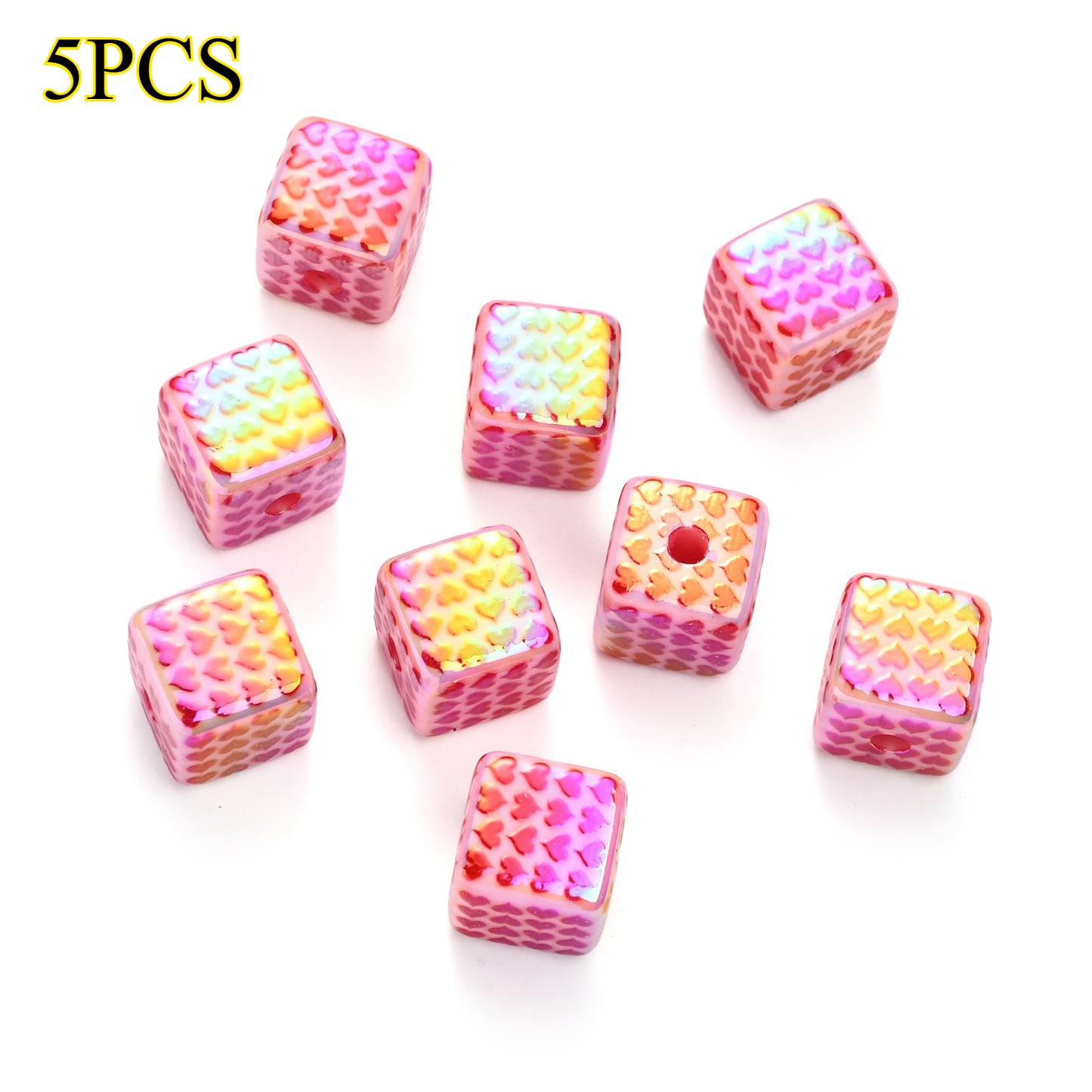5pcs/set 15mm Heart-Print Acrylic Cube Beads