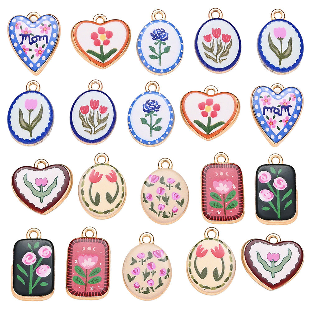 Vintage Oil Painting Heart Flower Pendant Charms