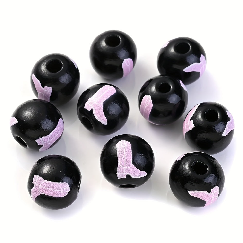 10PCS 16mm Black Bullhead Pattern Wooden Bead Set