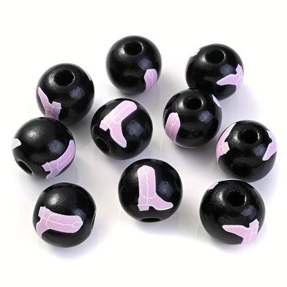 10PCS 16mm Black Bullhead Pattern Wooden Bead Set