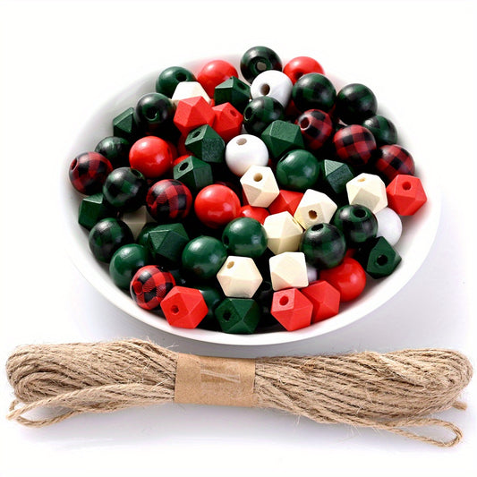 100pcs Christmas Wooden Round & Octagonal Beads