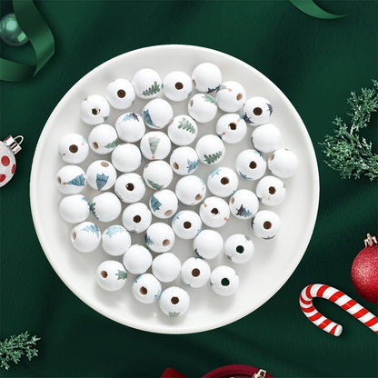 10pcs 16mm Christmas Tree Pattern Wooden Round Beads