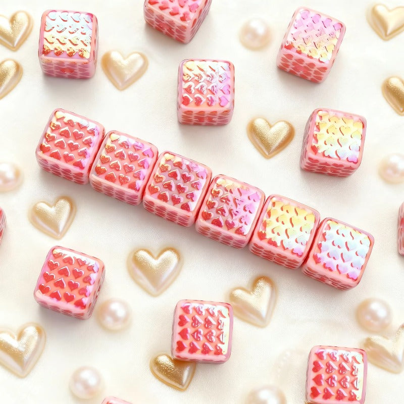 5pcs/set 15mm Heart-Print Acrylic Cube Beads
