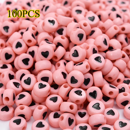 100pcs Colorful Flat Round Heart Acrylic Beads