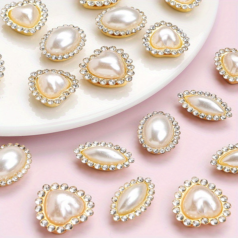 White Heart and Teardrop Rhinestone Pearl Cabochons