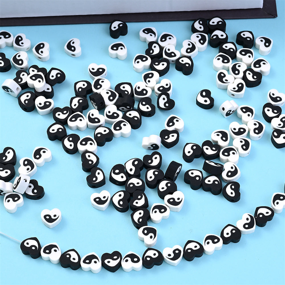 50pcs 8x9mm Black and White Heart Polymer Clay Beads