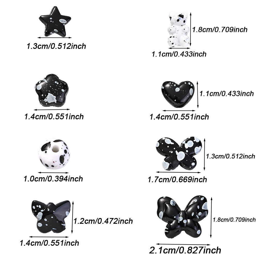 100/200pcs Star Heart Butterfly Beads Acrylic Black & White Graffiti