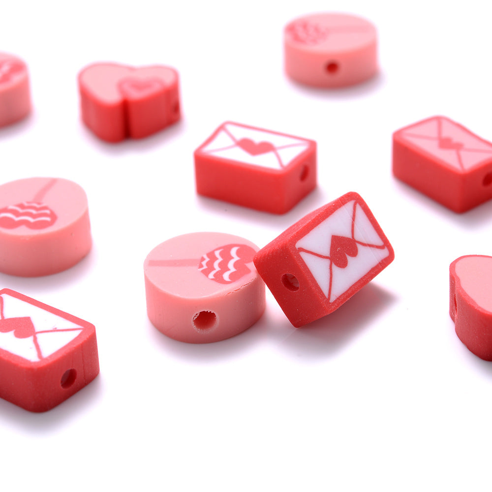 50pcs 8-10mm Red Fimo Heart Envelope Beads