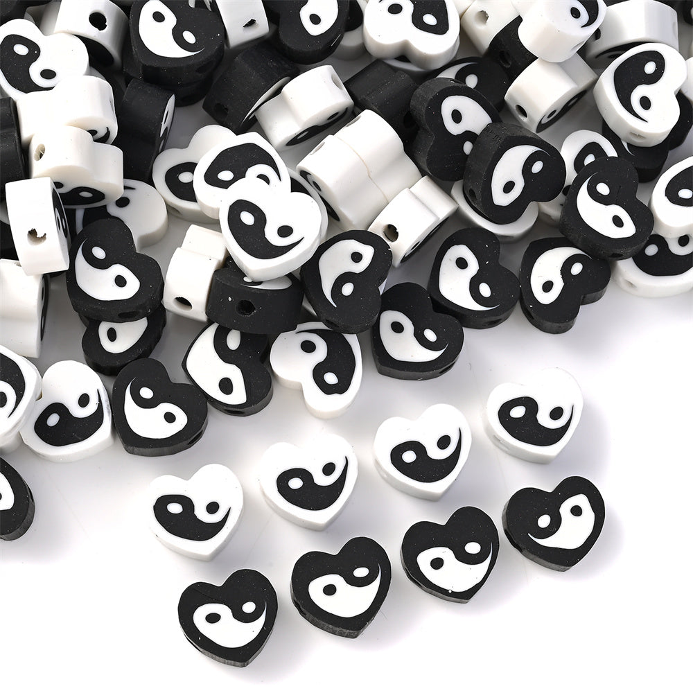 50pcs 8x9mm Black and White Heart Polymer Clay Beads