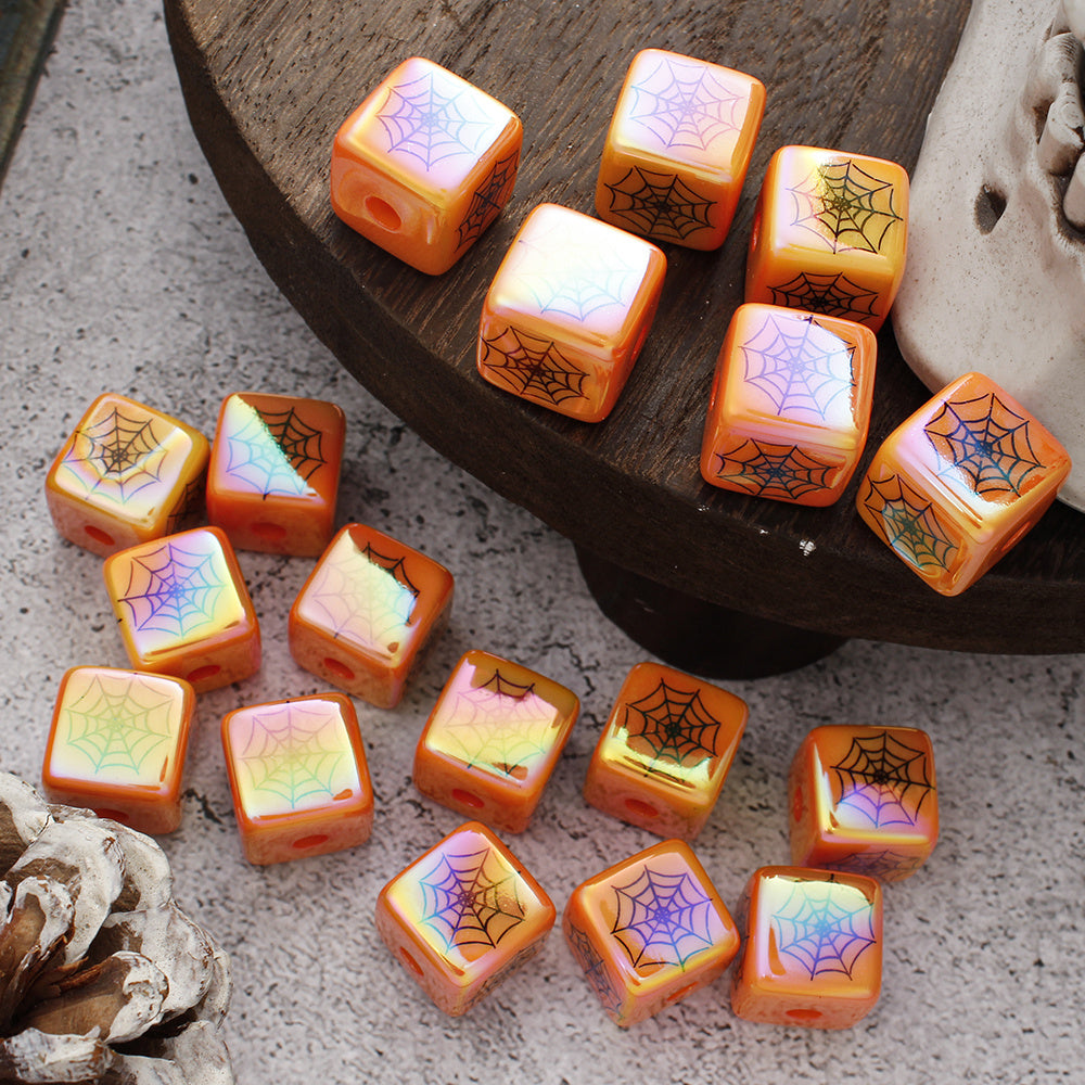 Orange Acrylic Cube Beads with Spider Web Print