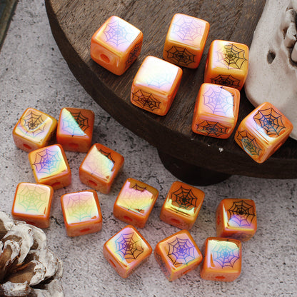 Orange Acrylic Cube Beads with Spider Web Print