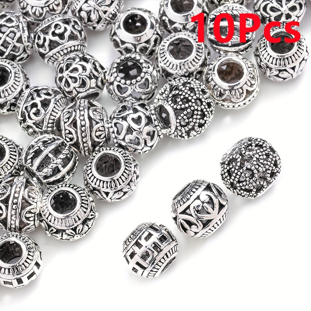 10PCS 9×11mm Retro Silver Hollow Alloy Bead Set